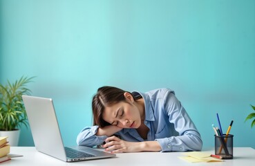 Young woman sits at desk exhausted, sleepy. Resting head on white office desk. Wears casual light...