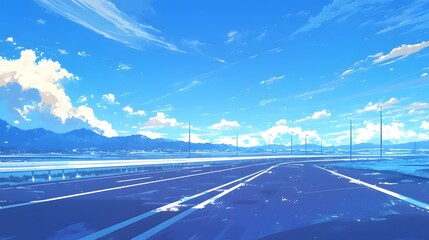 Long road stretching into a scenic horizon representing forward momentum, in anime style