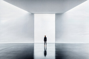 Femme de dos debout devant un panneau blanc