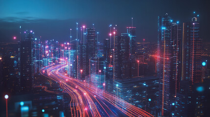 Fototapeta premium Smart digital Innovation city with connection network reciprocity over the cityscape. of future smart wireless digital city and social media networking systems that connects people with in city