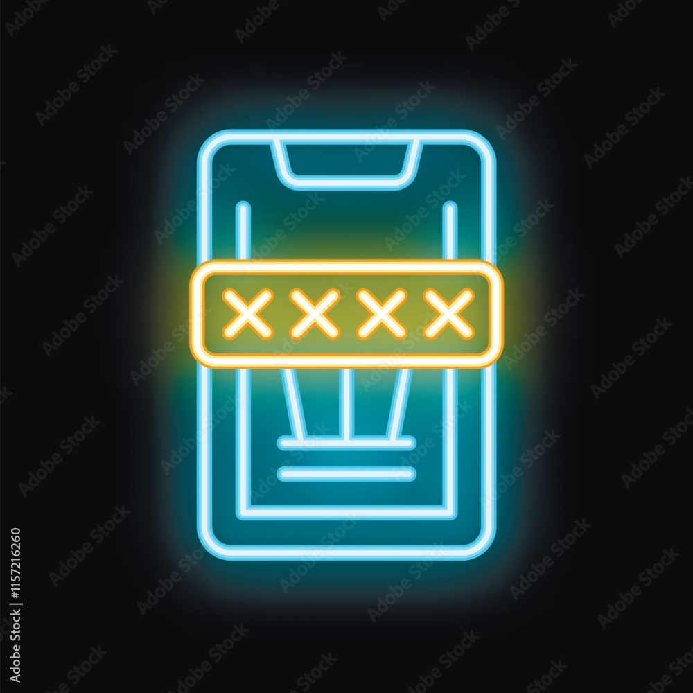 Poster neon sign of a mobile phone with a password field showing cross marks, suggesting a login error