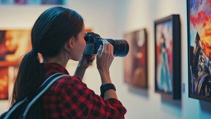 Engaging visitor captures artwork at a contemporary gallery