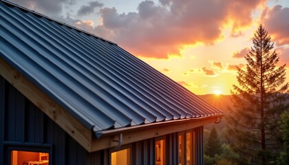 Obraz premium Modern house with corrugated metal roof at sunset. Metal roof panels installed on gable roof. Wooden roof edge, gutters visible. Windows of house lit by setting sun. View of tree, mountains in