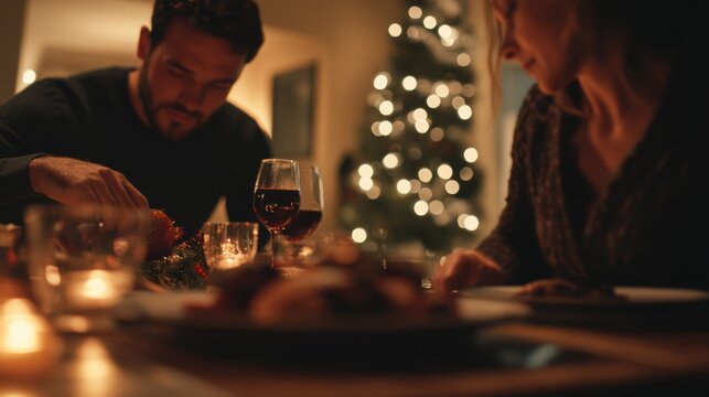 Cozy dinner during festive season with warm candlelight glow