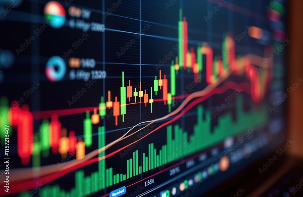 Poster digital forex market screen displays financial charts, diagrams. candlestick patterns, investment gr