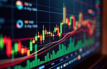 Digital forex market screen displays financial charts, diagrams. Candlestick patterns, investment growth evident. Investment strategy, stock market trends visualized. Dynamic 3D rendering for