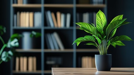 Indoor plant on wooden table in a cozy reading space with books