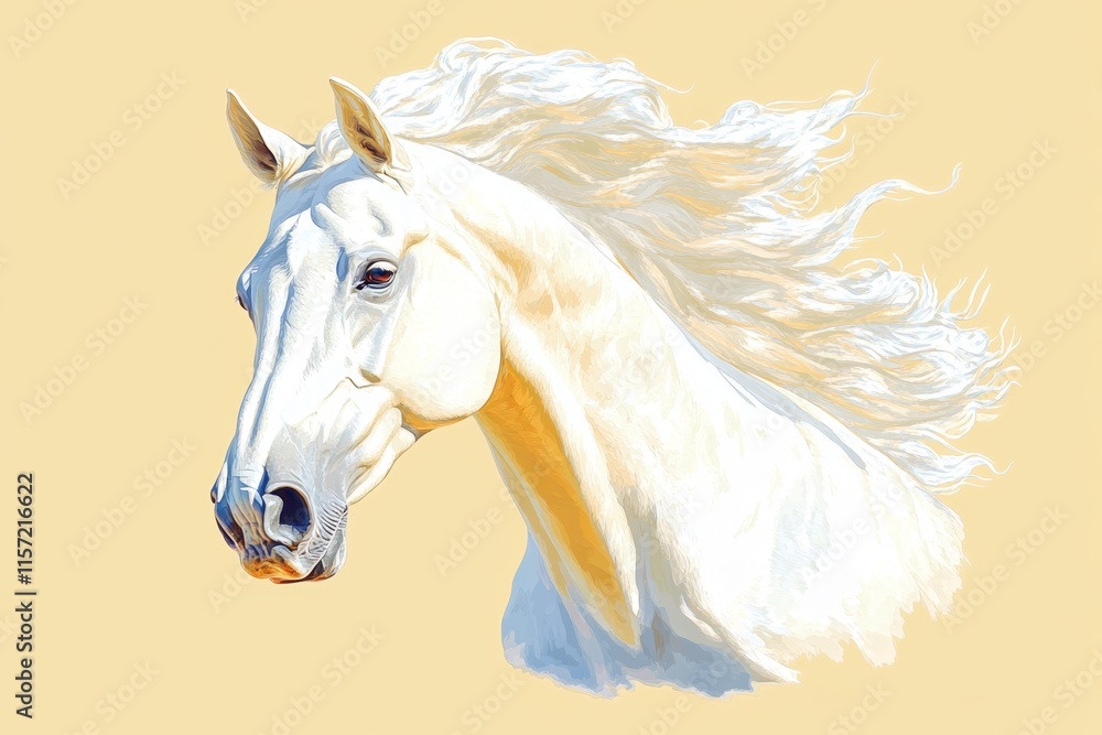 Poster a flat design of a horse head with a flowing mane, drawn in soft earth tones on a pastel background