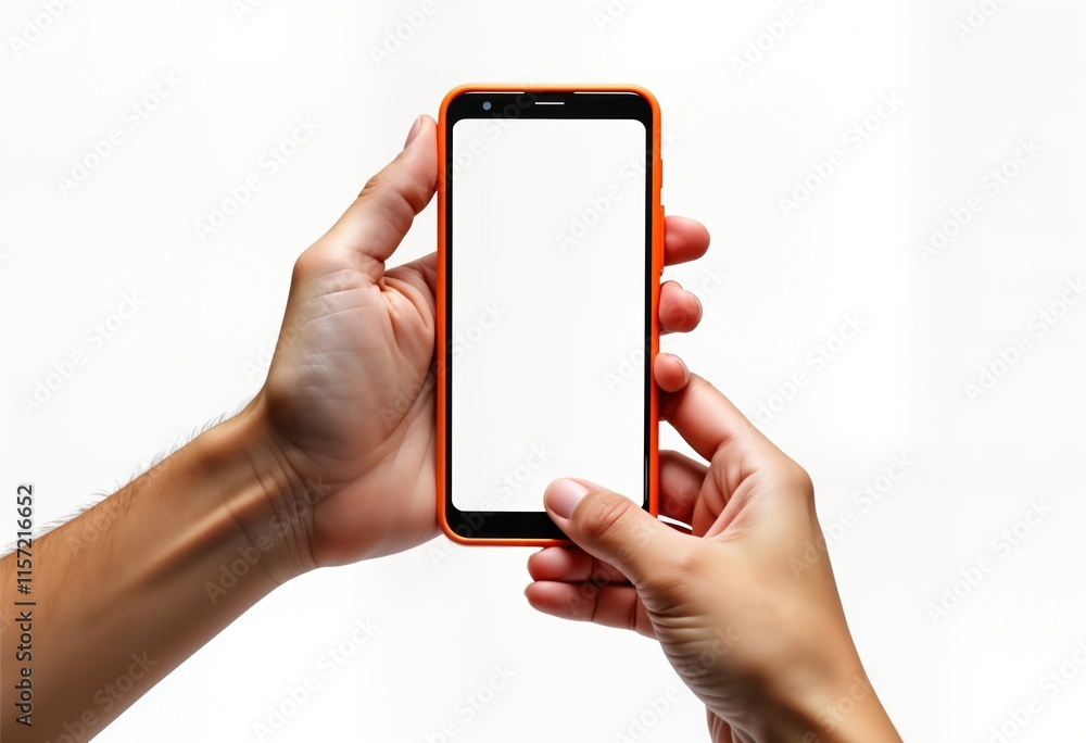 Poster close-up shot of hands holding horizontal mobile phone mockup. phone orange frame, blank screen. per