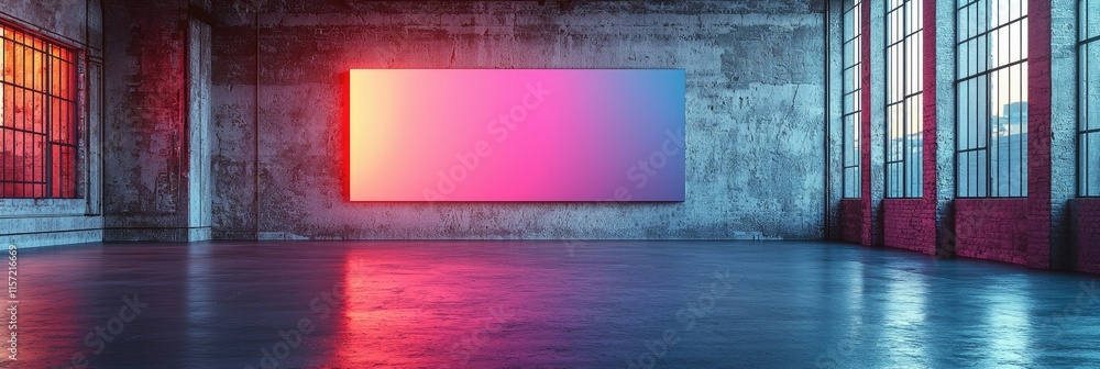 Poster a modern, empty gallery space with a large gradient display on a concrete wall.