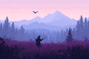 A flat illustration of a hunter silhouetted against a mountain range at sunrise, drawn in soft gradients with a white base