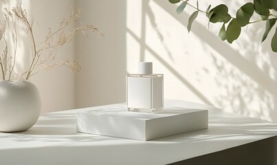 A bottle of perfume is on a white table