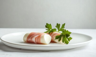 A plate with a piece of meat and a green leaf on it