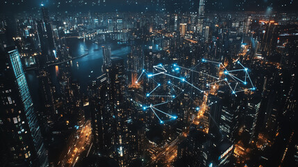 Fototapeta premium Smart digital Innovation city with connection network reciprocity over the cityscape. of future smart wireless digital city and social media networking systems that connects people with in city