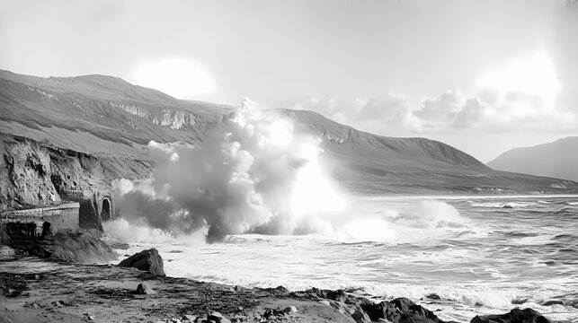 Vintage photo: powerful pacific waves crash on jalama beach. Spindrift. Illustration