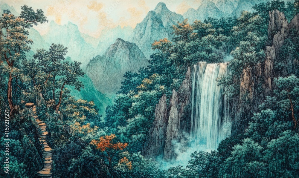 Poster a mountain range with a waterfall in the foreground