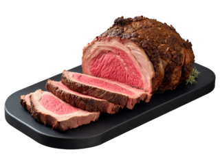 Juicy prime rib roast with deep brown crust, pink interior, dramatic carving shot, succulent details, mouthwatering impact visual