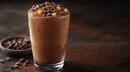 Chocolate smoothie in glass with chocolate chips.