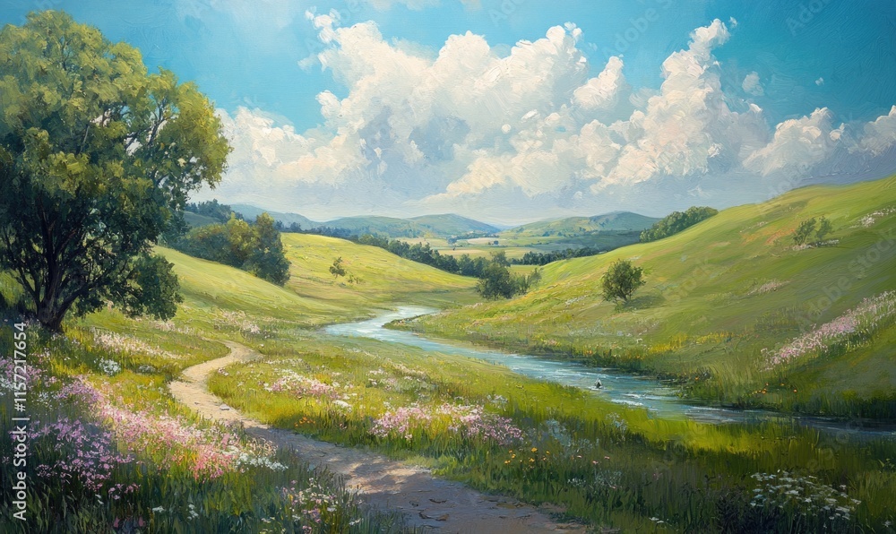 Poster a painting of a field with a river running through it