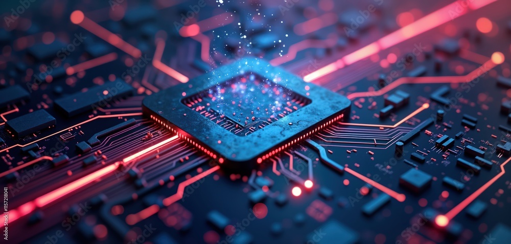 Poster Advanced tech circuit board with glowing lines. Closeup view of circuit board. Powerful CPU chip highlighted. Data streams visible. Futuristic, digital, abstract, advanced, ai, generative art.