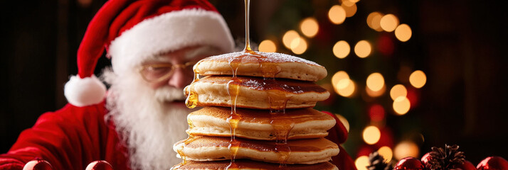 Santa Claus Pouring Syrup on a Stack of Pancakes
