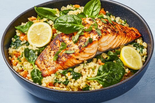 A healthy meal prepared with hypertension-friendly ingredients, including salmon, spinach, and fresh lemon slices