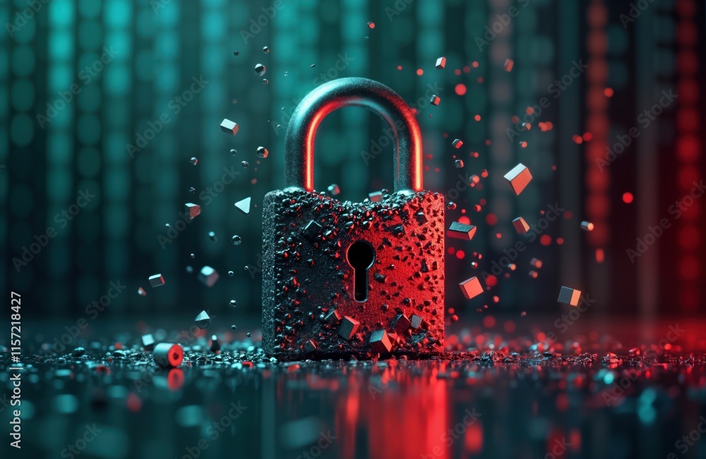 Poster Cybersecurity breach concept. Shattered metal padlock surrounded by scattered binary code fragments. Digital risk, vulnerability in tech world. Cyberattack. Broken protection system. Modern tech