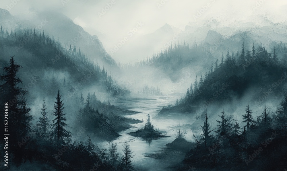 Poster a mountain range with a river running through it