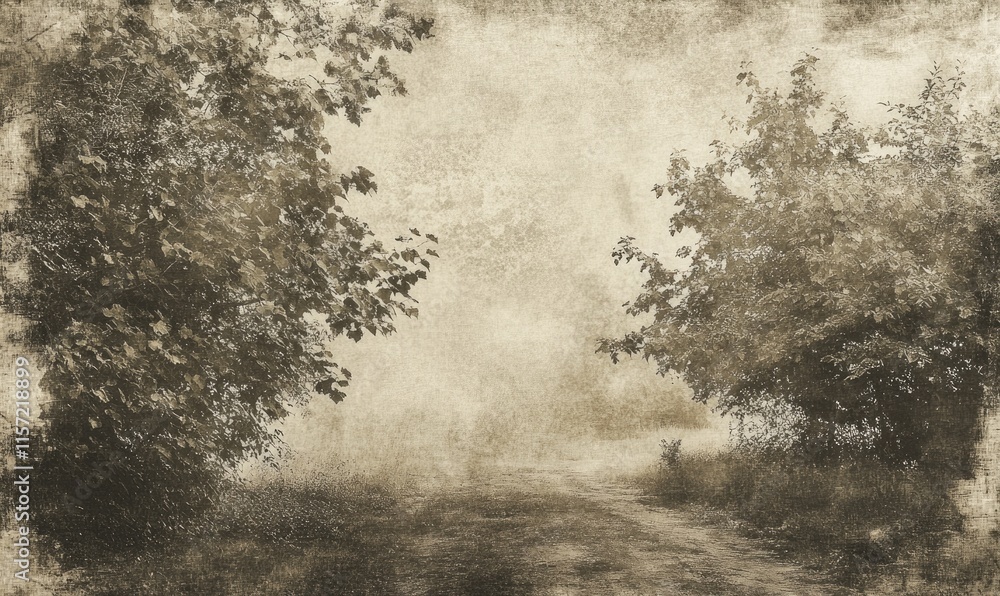 Poster a painting of a forest with trees and a path