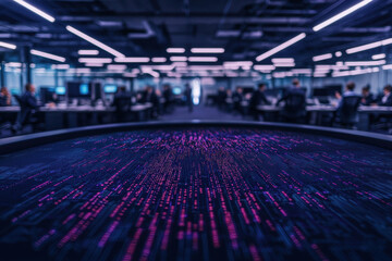 High tech office with holographic data visualization and busy professionals