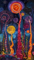 Obraz premium A vibrant, whimsical forest with colorful, spiraled trees and a night sky.