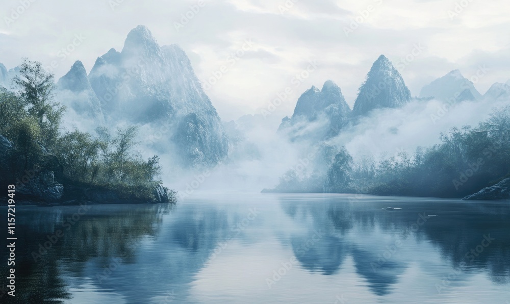 Poster a mountain range with a lake in the foreground