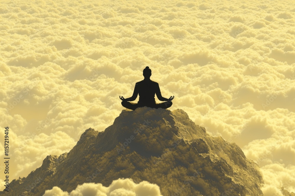 Poster a human meditating on a mountaintop, with clouds and golden light creating a serene atmosphere