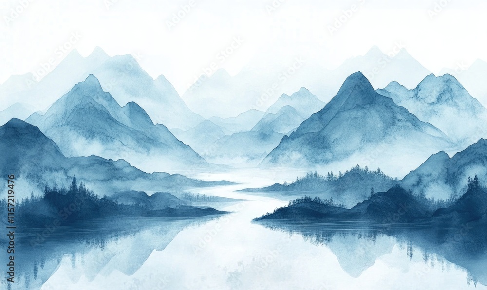 Poster a mountain range with a river running through it