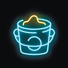 Blue and yellow neon sign of a bucket overflowing with paint on a black background