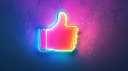 A vibrant neon thumbs up sign glowing against a textured wall.