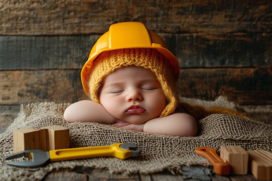  Sleeping baby wearing yellow hard hat with tools on burlap background
