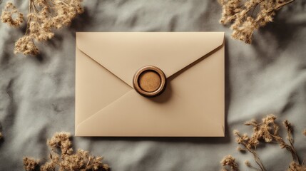 An elegant envelope sealed with a wax stamp, surrounded by dried flowers on a soft surface, evoking a vintage and romantic aesthetic.