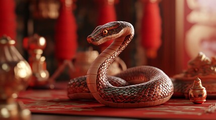 A detailed figurine of a snake coiled elegantly on a decorative red surface, showcasing intricate patterns and rich textures.