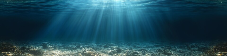 Underwater view of the ocean floor with sunlight beams penetrating the water surface, creating a serene and ethereal ambiance. Aquatic landscape with a wide-angle perspective.