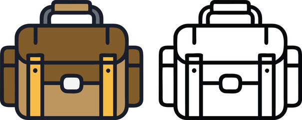 Brown Camera Bag Icons in Color and Outline, Vector illustration of two camera bag icons, one in brown color and one in outline style, designed for photography gear storage and portability.
