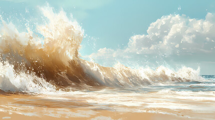 Fototapeta premium Powerful waves crashing sandy coastal seascape painting ocean waves movement water splashes, beach, coastline, shoreline, seashore, sands, seaboard, foreshore. Spindrift. Illustration