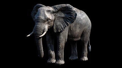 Fototapeta premium A majestic adult elephant stands proudly, showcasing its large ears and tusks against a black background.