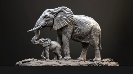 Fototapeta premium A majestic adult elephant and its playful calf in a stunning sculpture, showcasing intricate details and textures.