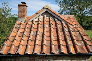 Naklejka premium Featuring a traditional rooftop adorned with a prominent chimney and red clay tiles, this image captures the essence of classic architecture in a countryside setting.