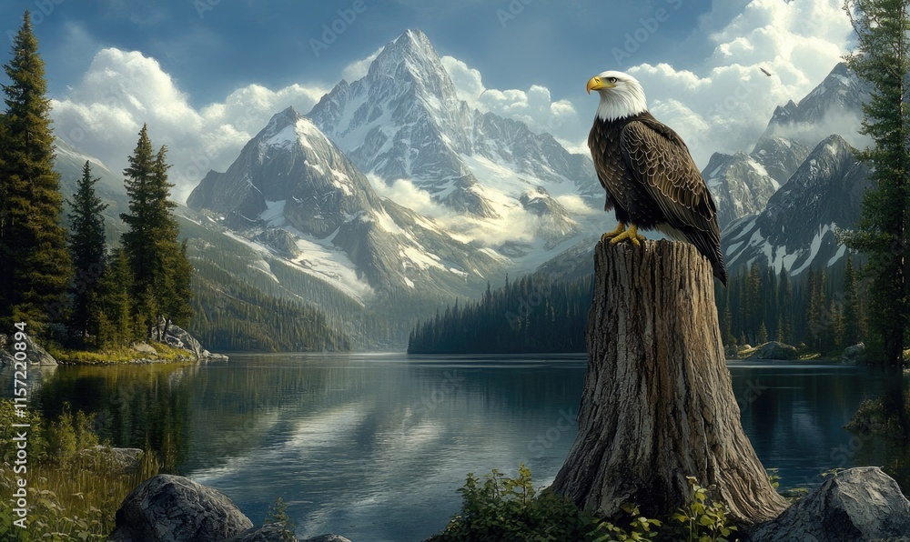 Poster a bald eagle is perched on a tree stump in front of a mountain range