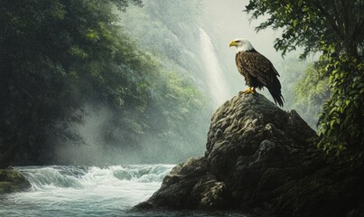 A bald eagle is perched on a rock near a waterfall