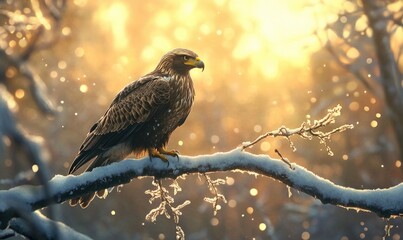 Fototapeta premium A large eagle is perched on a branch in the snow