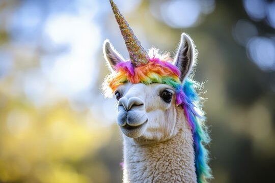 A fantastical llama with a sparkling unicorn horn and rainbow-colored mane stands gracefully, embodying magic and fantasy in a serene forest setting on a sunny day. - Powered by Adobe