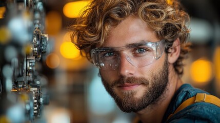 Close-up portrait of a young male industrial worker wearing safety glasses.